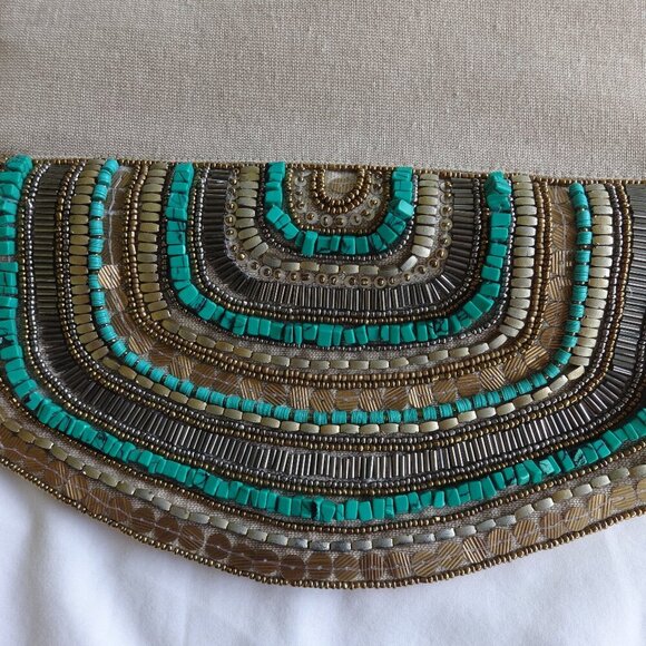 Beaded purse, chain strap, magnet closure, turquoise, gold, silver, bronze beads - Picture 7 of 9